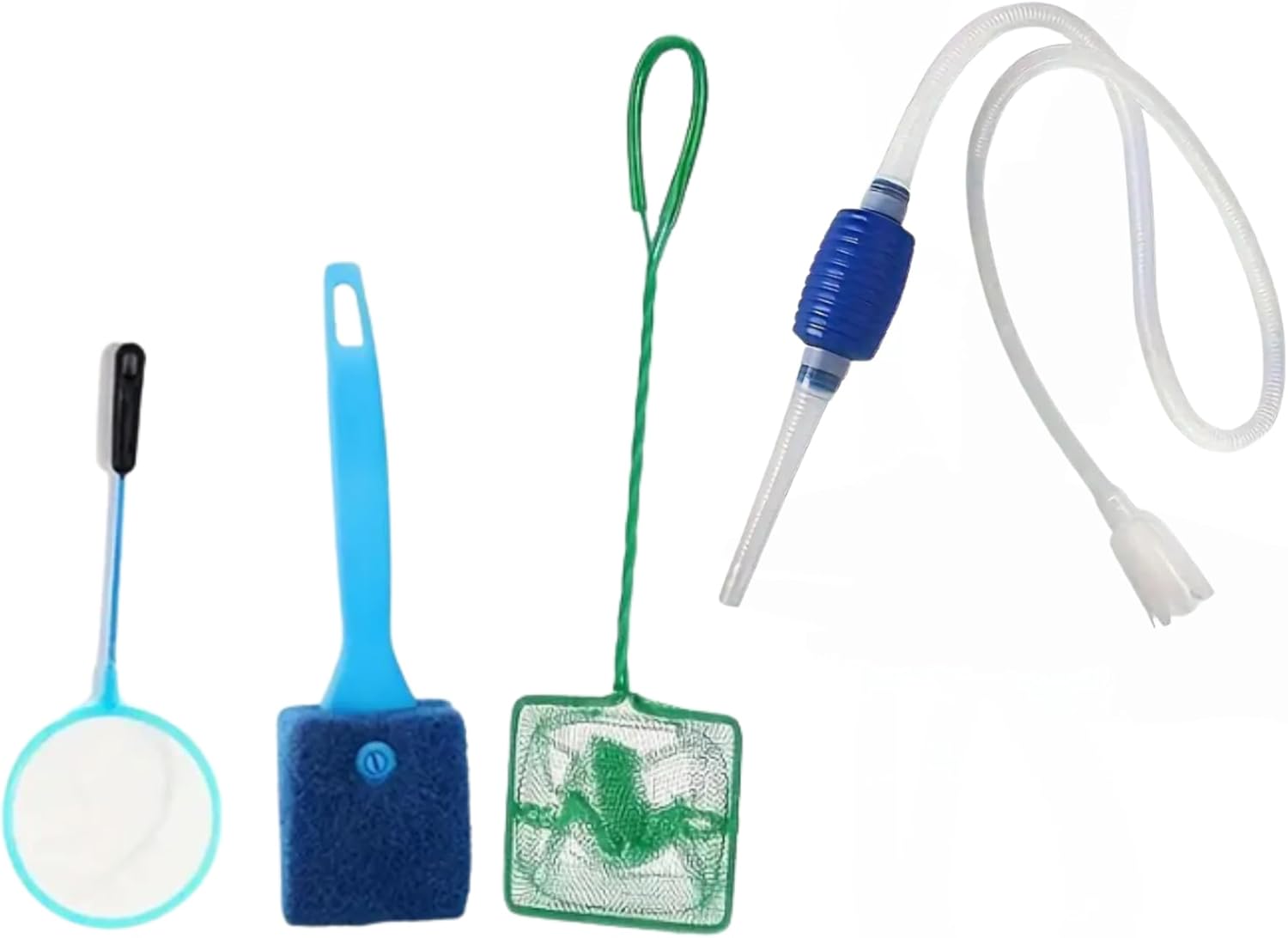 Générique Set de Nettoyage pour Aquarium 4 Pièces, Brosse, Éponge et Filet avec Manche Long, Bleu et Vert - kit Nettoyage Complet