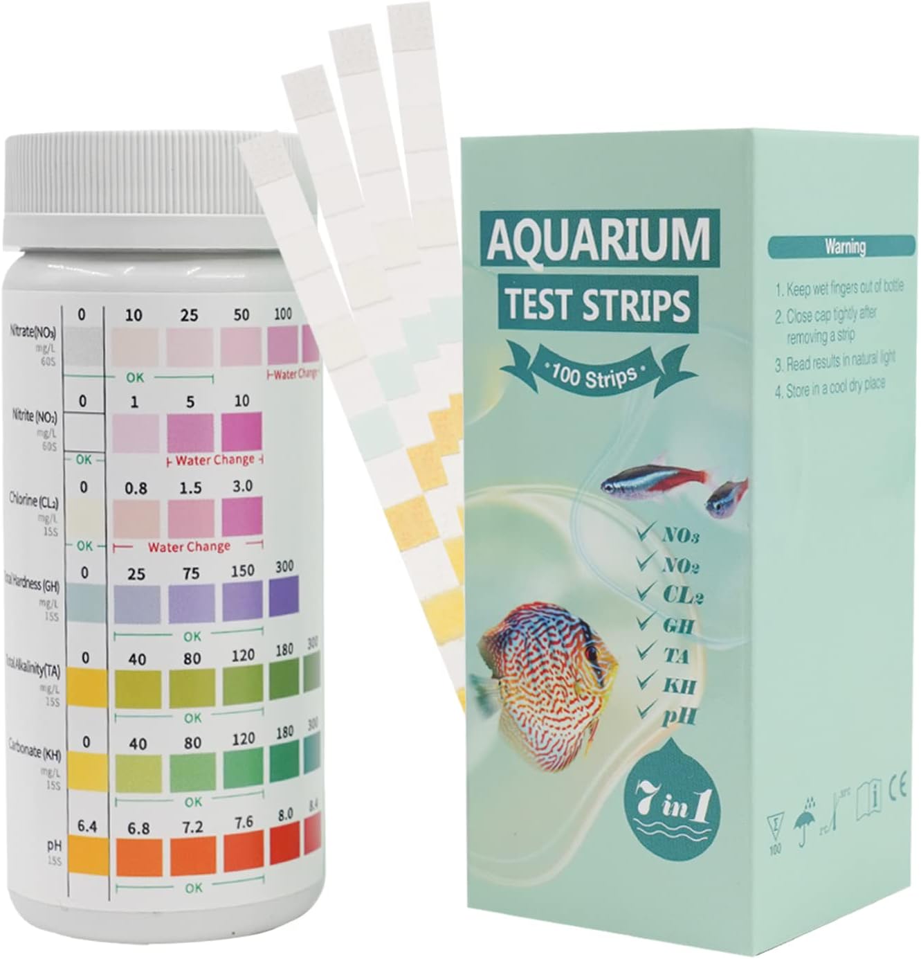 Lot de 100 bandelettes de test 7 en 1 pour aquarium, test de pH nitrite, nitrate, dureté totale, chlore libre, alcalinité, carbonate, eau salée précise, eau douce d'aquarium 7 in 1