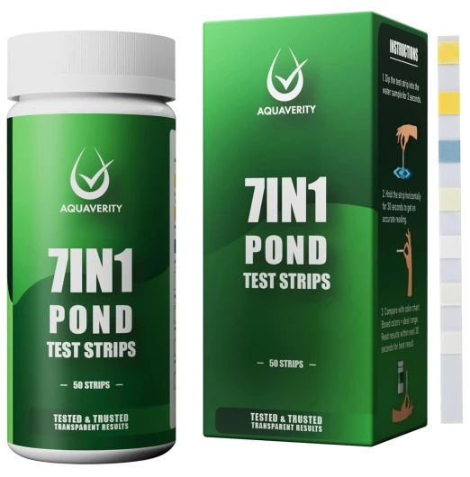 AQUAVERITY Bandelettes de test 7 en 1 pour bassin – Kit de test précis pour le pH, les nitrates, les nitrites, les carbonates, la dureté, le chlore total et libre – Pour bassins – 50 bandelettes