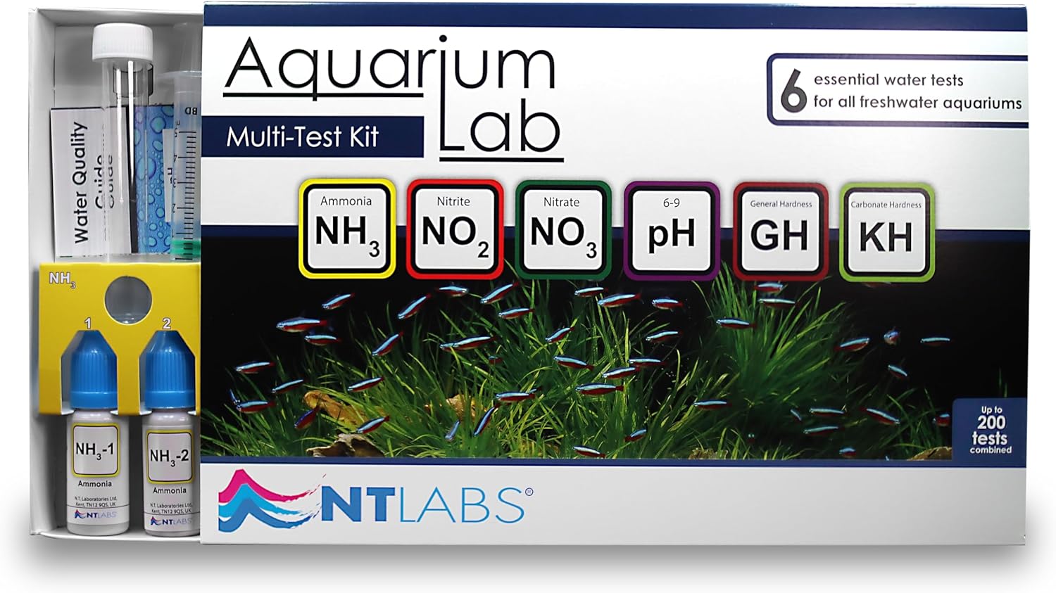 NT Labs Kit de Test pour Aquarium - Test de l'eau d'aquarium - ammoniaque, Nitrite, Nitrate, pH, dureté Carbonate (KH) et dureté générale (GH).