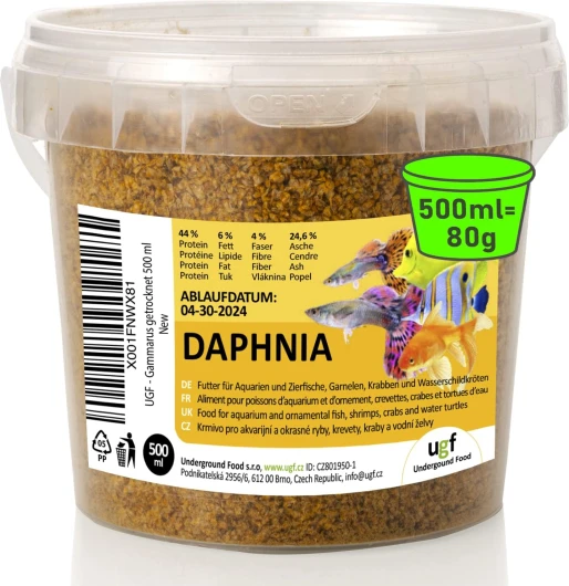 UGF - Puces d'eau Daphnia Premium, Seau de 500 ML (80 g), Aquarium de Nourriture séchée pour Poissons, Nourriture pour Aquarium, collations pour Poissons d'ornement