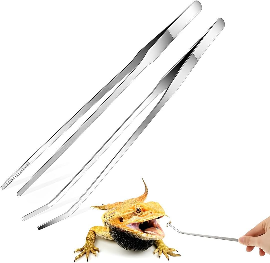 LAJUP Lot De 2 Pinces D'Alimentation Extra Longues En Acier Inoxydable Pour Reptiles Avec Pointe En Caoutchouc Pour Aquarium, Droites Et Incurvées, Outil D'Alimentation Pour Terrarium, 27 Cm