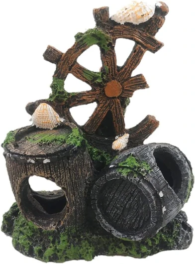 Grotte décorative pour Aquarium - Ne se décolore Pas - paysager Robuste et Durable pour Le Bureau pour la Maison - tonneau de vin de Roue de Vent.