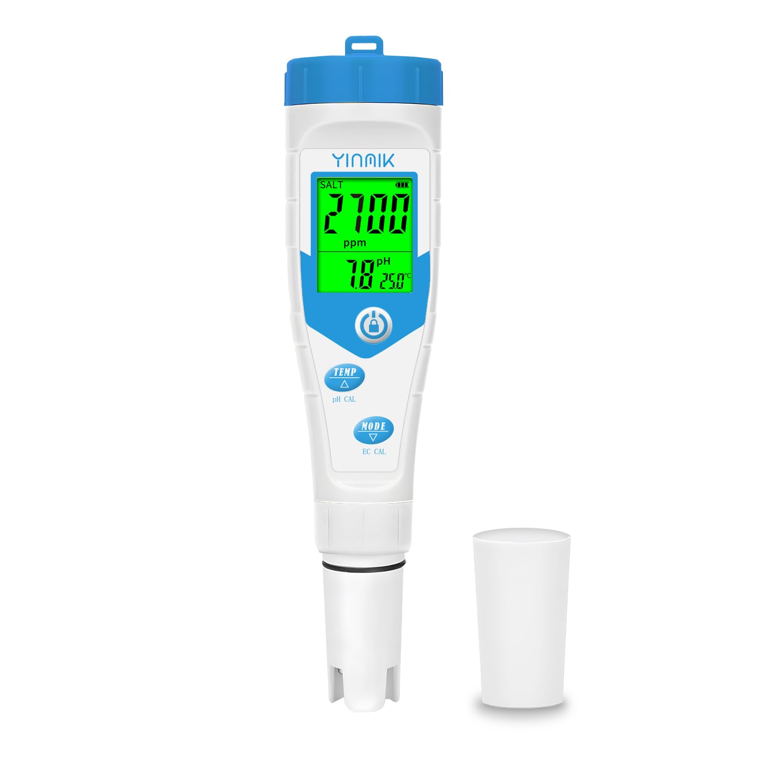 Testeur Sel Piscine, Testeur de pH et Salinité Piscine avec Affichage Simultané, 5 en 1 Salinomètre, Testeur pH Conductivité Sel EC TDS Temp pour Aquarium, Spa, Eau Potable, Hydroponique YK-T5EU