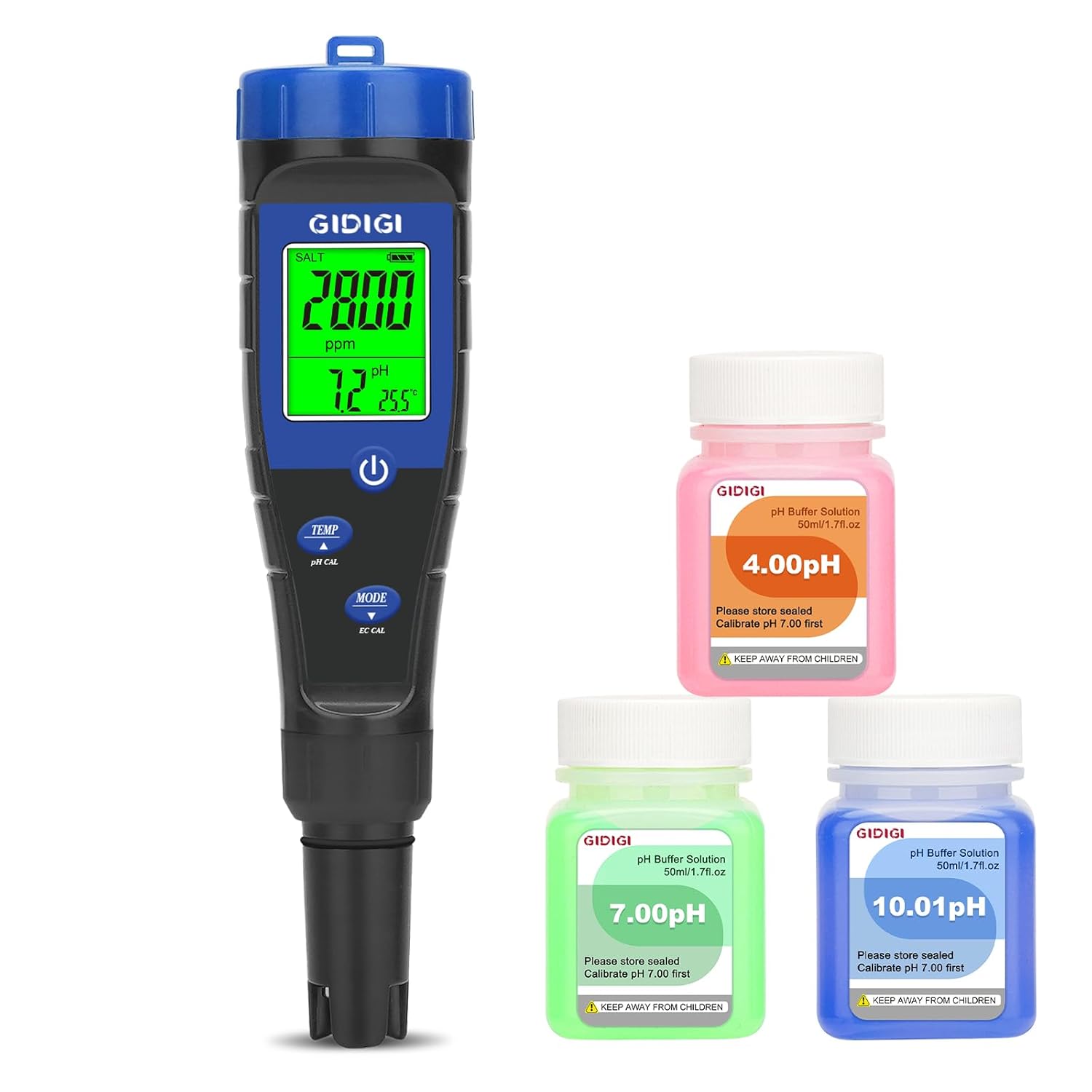 Mètre de pH - Testeur de sel de piscine 5 en 1 - Testeur TDS EC pH avec liquides étalonnage, compteur ppm pH pour piscine eau salée, aquarium, bain à remous, spa, hydroponique, bière