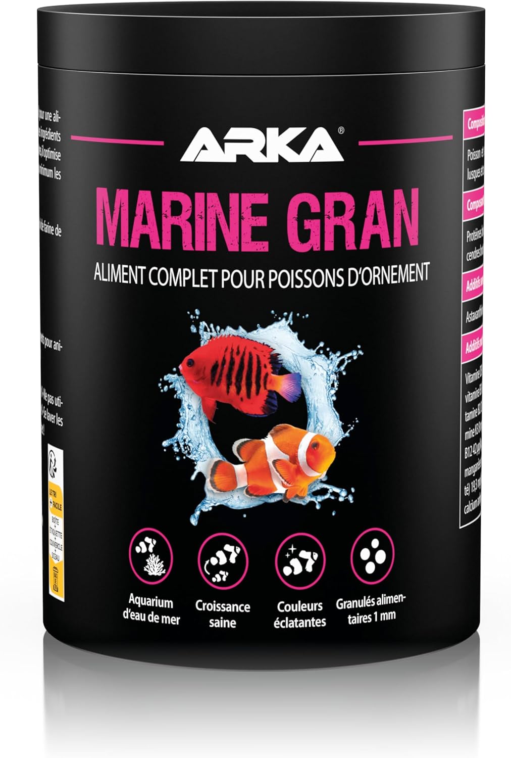 Nourriture granulaire Poisson Marin – ARKA Marine Gran 1000ML – granulés tendres pressés à Froid pour vitalité, Croissance & Couleurs Vives – sans spiruline ni Farine Bas de Gamme