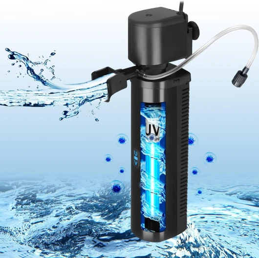 Filtre d'aquarium pour Bassins de 150-560 litres, 7W Anti-algues Clarificateur U-V Filtre Intérieur 1500L/h Pompe Submersible pour Aquariums d'eau Douce et D'eau Salée Cristal Clair Destructeur D'algu