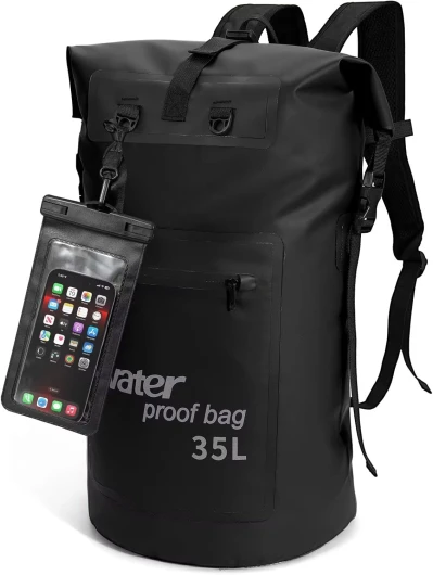 Sac étanche 35L/50L Sac à Dos Sec, Sac à roulettes avec étui pour téléphone IPX8, pour Le Bateau, Le Kayak, la randonnée, Le Camping, la pêche, Le Rafting, 35L Noir