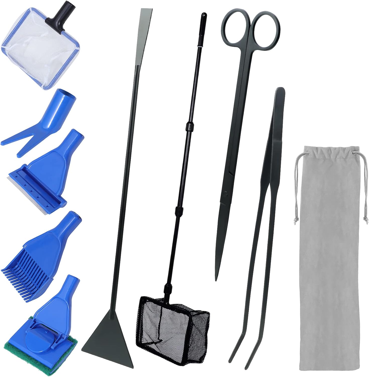Kit D'outils de Nettoyage 9 en 1 pour Aquarium, épuisette de Poisson, Râteau, Fourche, Grattoir, éponge et Acier Inoxydable, Kit D'outils D'aquarium