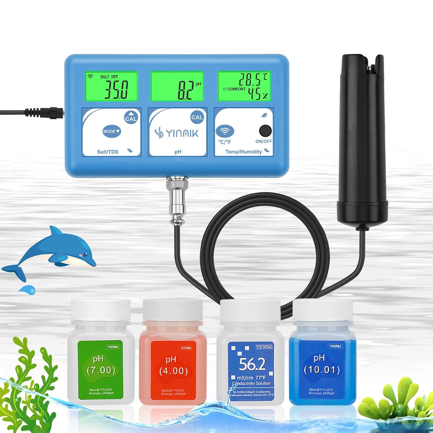 Moniteur de Salinité du pH l'aquarium, Testeur Sel pH Connecté, Testeur de Sel Numérique pH PPM pour Aquarium Récifal d'eau Salée, Moniteur de pH Sel TDS WiFi 5 en 1 pour Étang à Koï