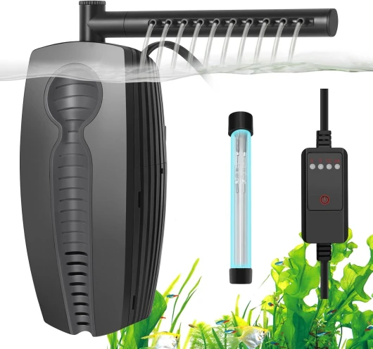 Filtre U-V pour Aquarium 600L/H avec Minuterie, Filtre pour Aquarium Réglable 8W, Filtre Interne Submersible Aquarium 30-180L, avec Coton Biochimique, Coton Charbon Actif, Billes De Céramique