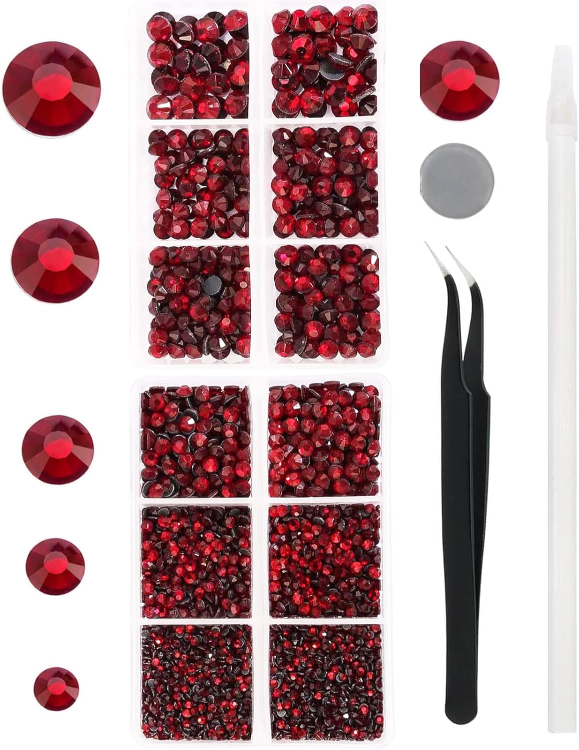 YHMQ DU 6616 pcs Grand Rouge Chaud Réparation Strass Cristal Diamants en Verre pour Tasse Vêtements Chemise Brillant Dos Plat Rond avec Pince à Épiler et Stylo d'enregistrement (Set SS6-SS30) verpackt-Siam SS6-SS30-6616PCS