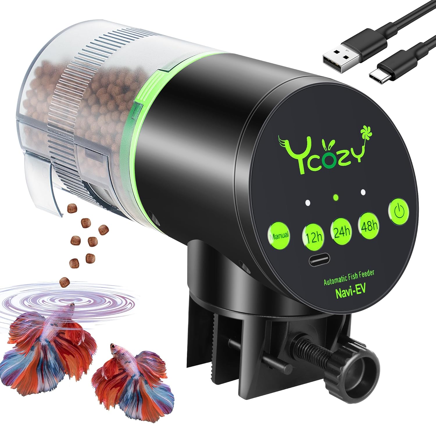 Ycozy Aquarium Distributeur Automatique pour Poisson Rechargeable Type-C Opération Facile Distributeur de Nourriture pour Vacance Navi-EV Rechargeable EV