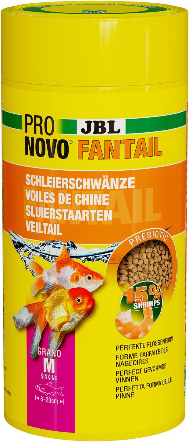 PRONOVO FANTAIL GRANO, Aliment de Base pour Voiles de Chine et autres Variétés d’élevage de Poissons Rouges de 8-20 cm, Granulés pour Poissons, Doseur à Clic, taille M, 1 L Crevette 580 g (Lot de 1)