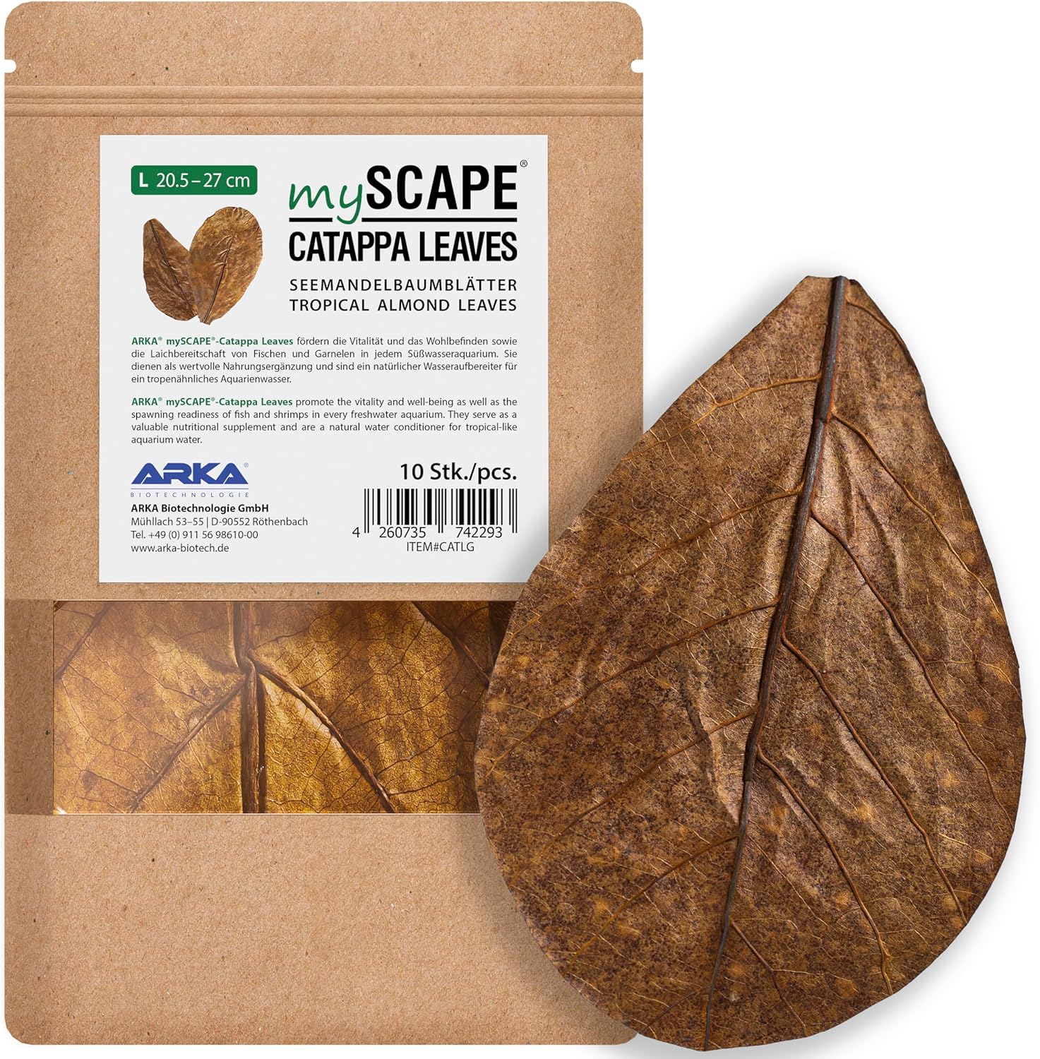 Feuilles de Catappa Aquarium – ARKA mySCAPE 10pcs (20–27cm) – Traitement d’Eau Naturel pour Poissons & crevettes – réduit Le pH & favorise la Reproduction 10 g (Lot de 1)