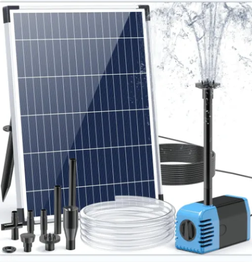 Pompe de bassin solaire avec filtre - 12 W - 605 L/H - Fontaine solaire pour l'extérieur - 2 m - Kit d'eau solaire DIY - Longueur du câble : 5 m - 4 buses - Fontaine solaire pour extérieur 12W