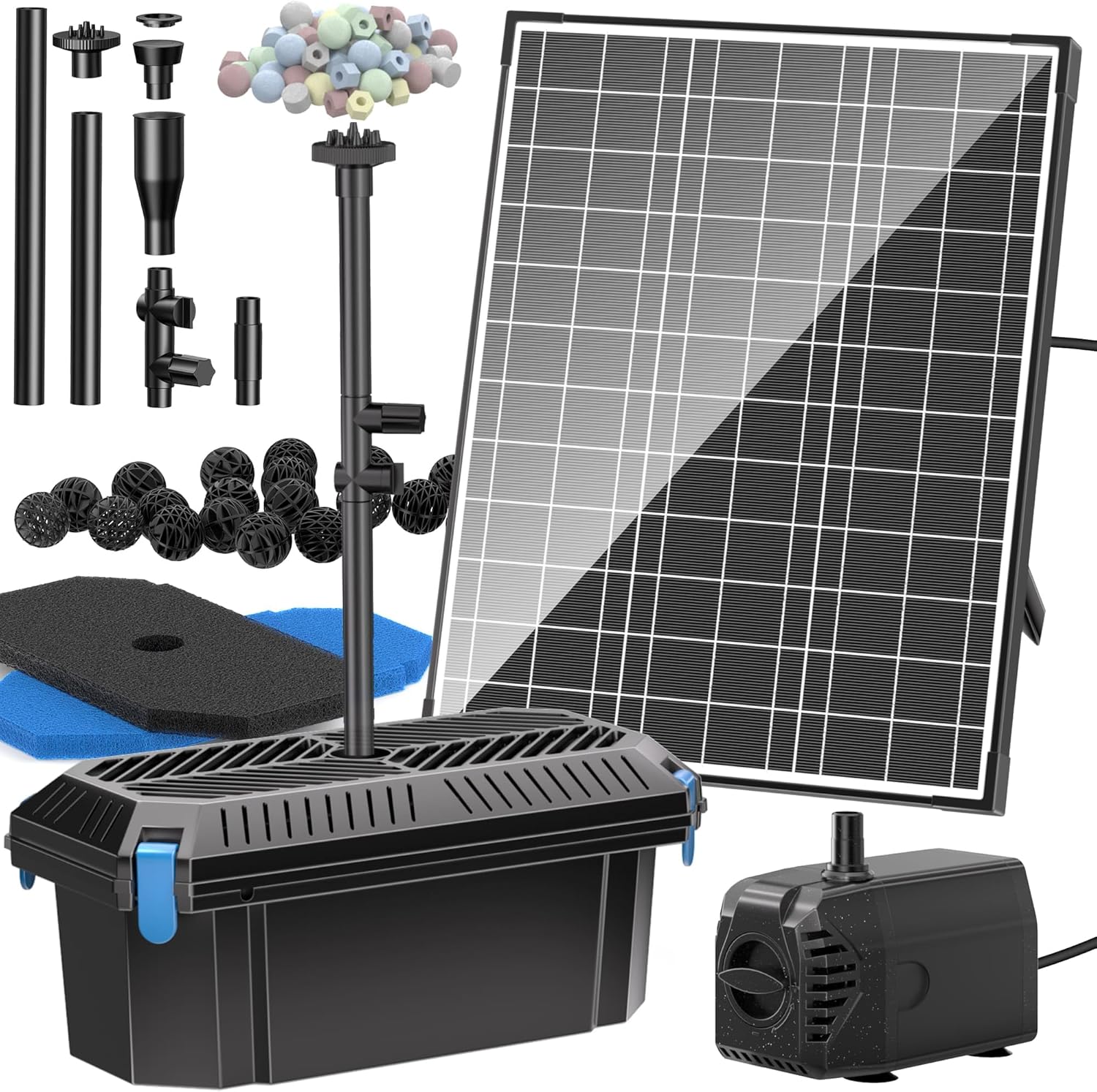 Kit complet de filtre solaire de bassin avec pompe 20 W 875 l/h – Pompe solaire de bassin avec filtre pour bassins et cascades jusqu'à 1200 l – Jeu d'eau solaire – Fontaine solaire pour 20W
