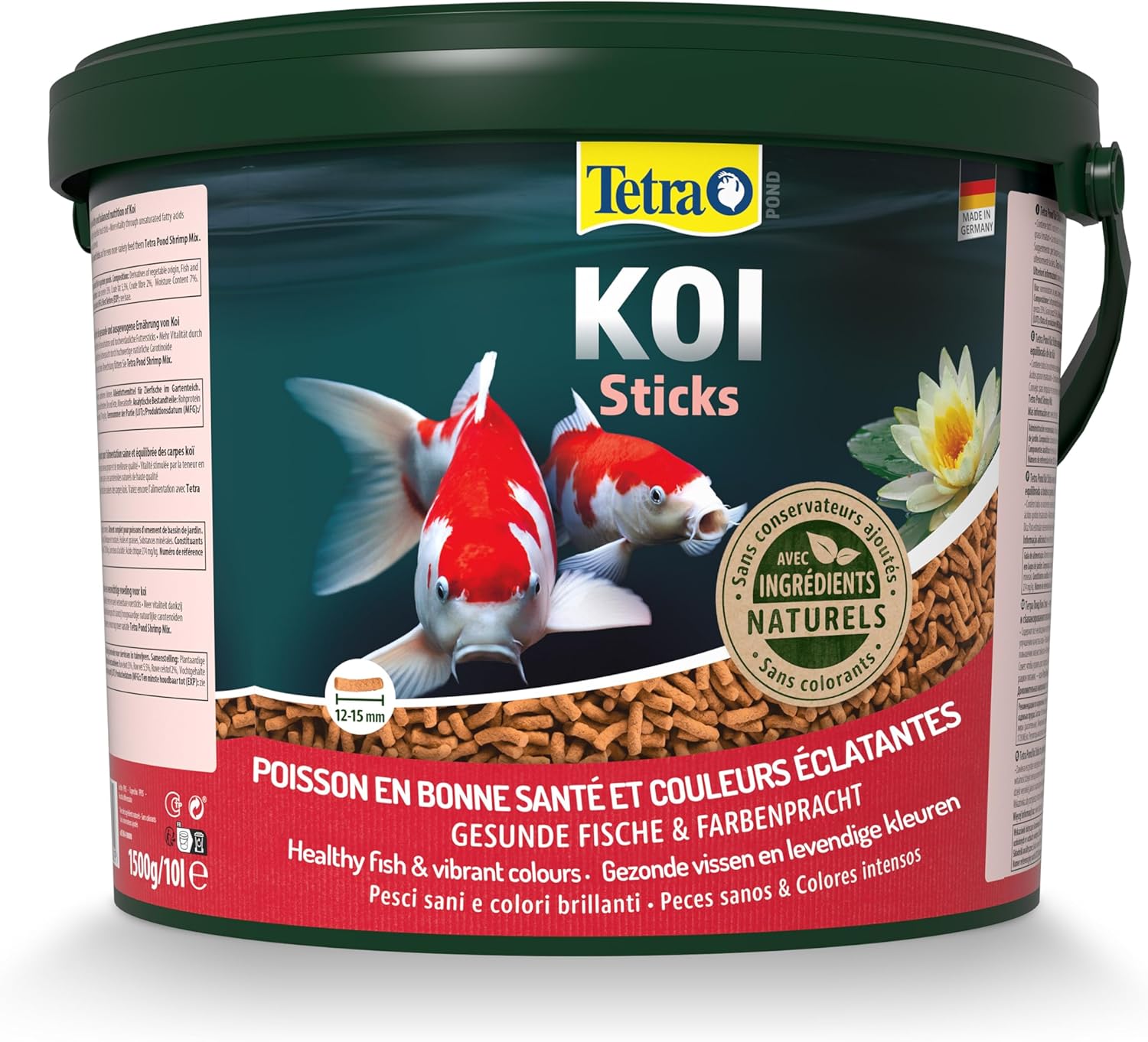 Pond Koï - Aliment Complet Premium pour Carpes Koï de Bassin – Activateur Naturel de Couleurs - Enrichi en Oligo-éléments, Vitamines essentiels, Caroténoïdes – Hautement digestible - 10 L 150 g (Lot de 10) Sticks