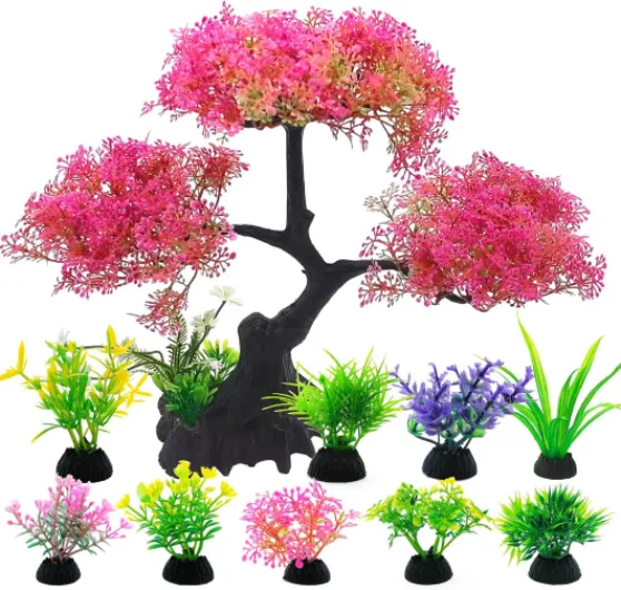 SLOCME Lot de 10 plantes artificielles en plastique pour aquarium, Betta et poissons rouges, décorations réalistes et sûres (rose)