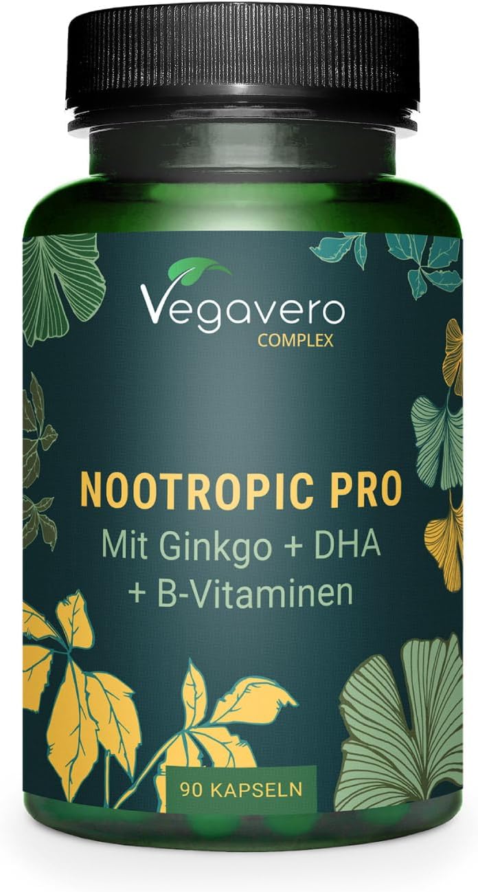NOOTROPIC Pro - Mémoire + Focus - 90 Gelules (3 MOIS) - Ginkgo Biloba + Ginseng + Bacopa - Sans caféine - Avec Vitamine B - Vegan - SANS ADDITIFS - Vegavero®