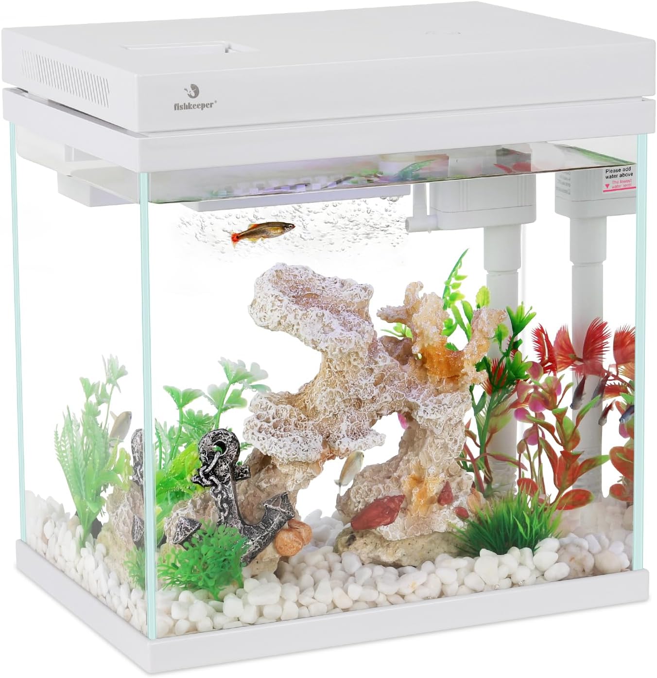 Fishkeeper 8L Petit Aquarium Complet, Nano Aquarium Poisson Rouge avec Pompe, Filtration et LED, Mini Aquariums kit Autonettoyant pour Le Bureau et la Maison, Blanc