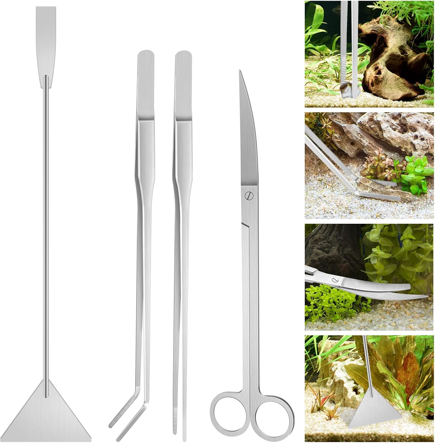 4 Pièces Aquarium Aquascaping Kit, Outil Aquarium en Acier Inoxydable, Plantes Aquatiques Pincettes Ciseaux Spatule Kit pour Aquariophile Débutant