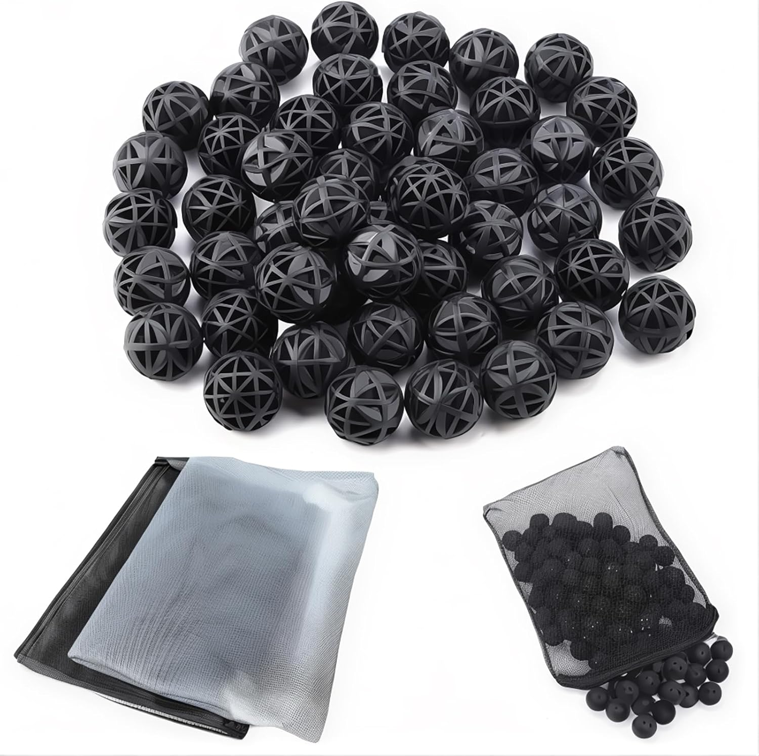 CESFONJER 90 Pcs Aquarium Fish Tank Filtre 18mm Bio Boules Bio-Balls pour Filtration Nettoyage (Noir) + 15 x 20 cm/2 pcsAquarium Filtre Maille Sacs Accessoires d'aquarium-4