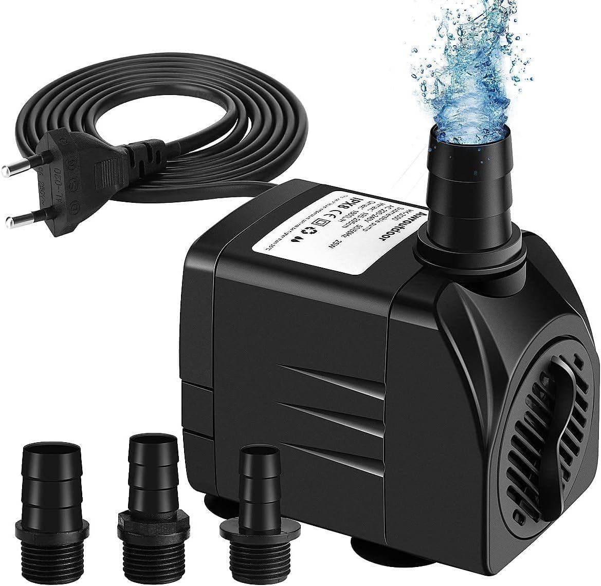 Awroutdoor Pompe À Eau Submersible 25W, 1800L/H Pompe D'aquarium Pour Étang Puits Aquarium Jardin, Pompe Submersible 3 Gicleurs 13mm-16mm-19mm (25W)