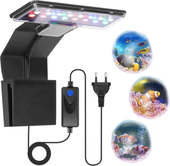 Adiwo Lampe Aquarium, 9W 600LM Eclairage tricolore Lampe à Pince pour Aquarium, 16 Perles de Lampe LED LED Lampe Aquarium, Convient pour Aquarium de 6 mm d'épaisseur, pour Poisson et Plantes (Noir) 9w Noir