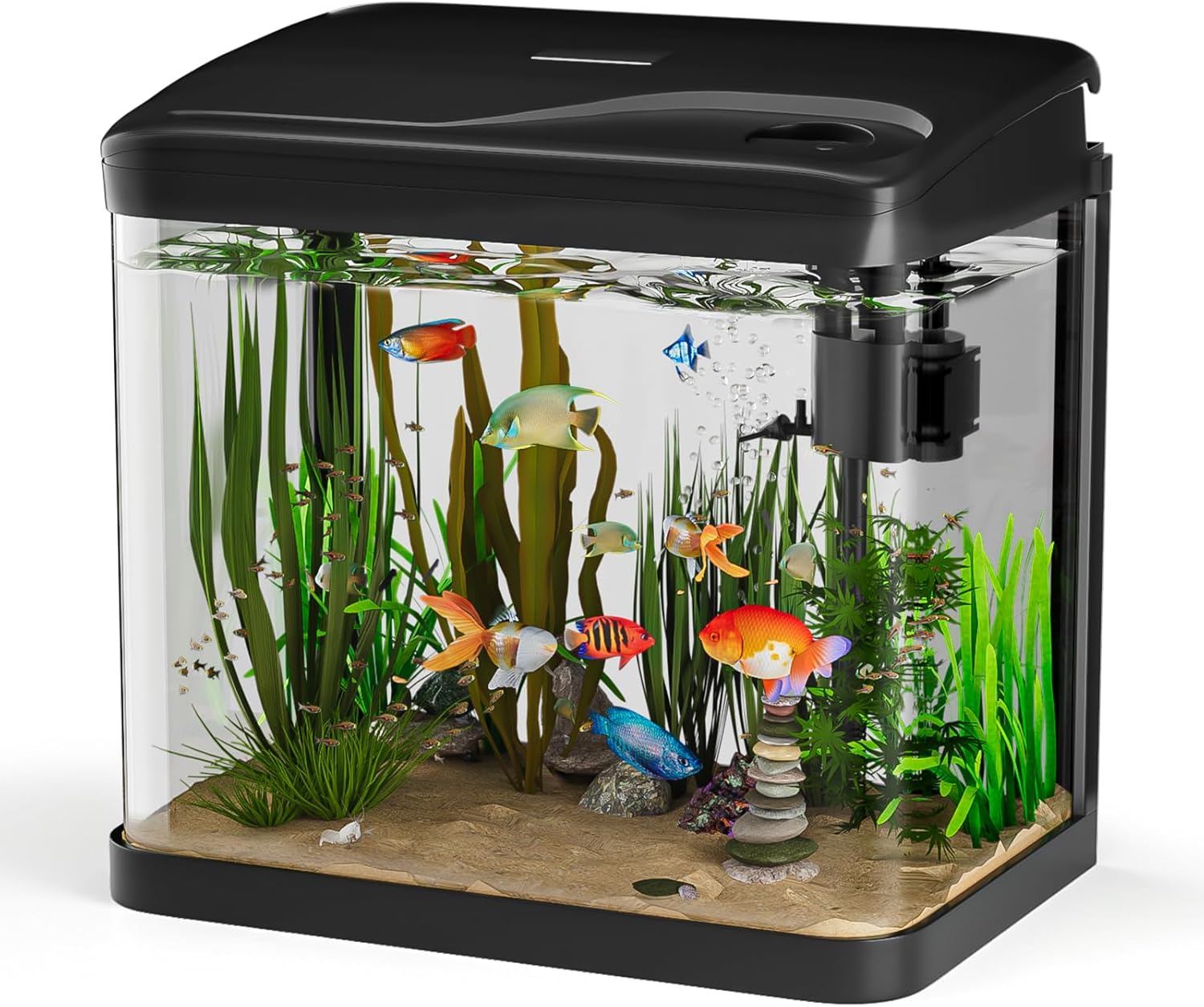 Vankarr Aquarium Complet 15L,Aquarium en Verre,Aquariums Poisson Rouge,avec Système de Filtration,Couvercle et lumières LED, Pompe à Eau,pour Poissons Combattants, Poissons Rouges, Noir