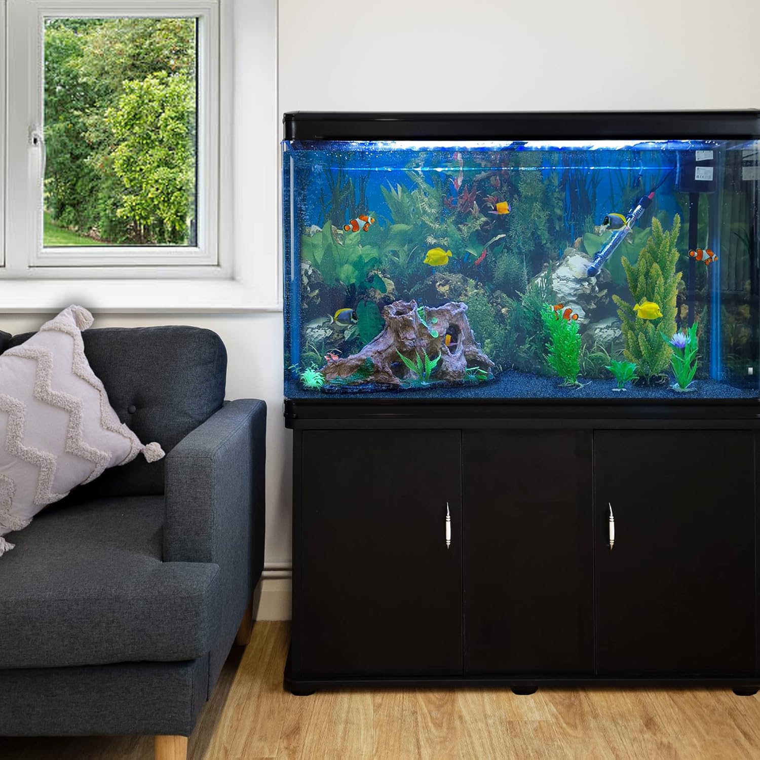 MonsterShop – Aquarium Noir de 300 Litres, Kits et Accessoires de Démarrage, Plantes, Graviers Bleu, Meuble Noir, d’une dimension totale de 143,5 cm de Haut x 120,5 cm de Large x 39 cm de Profondeur