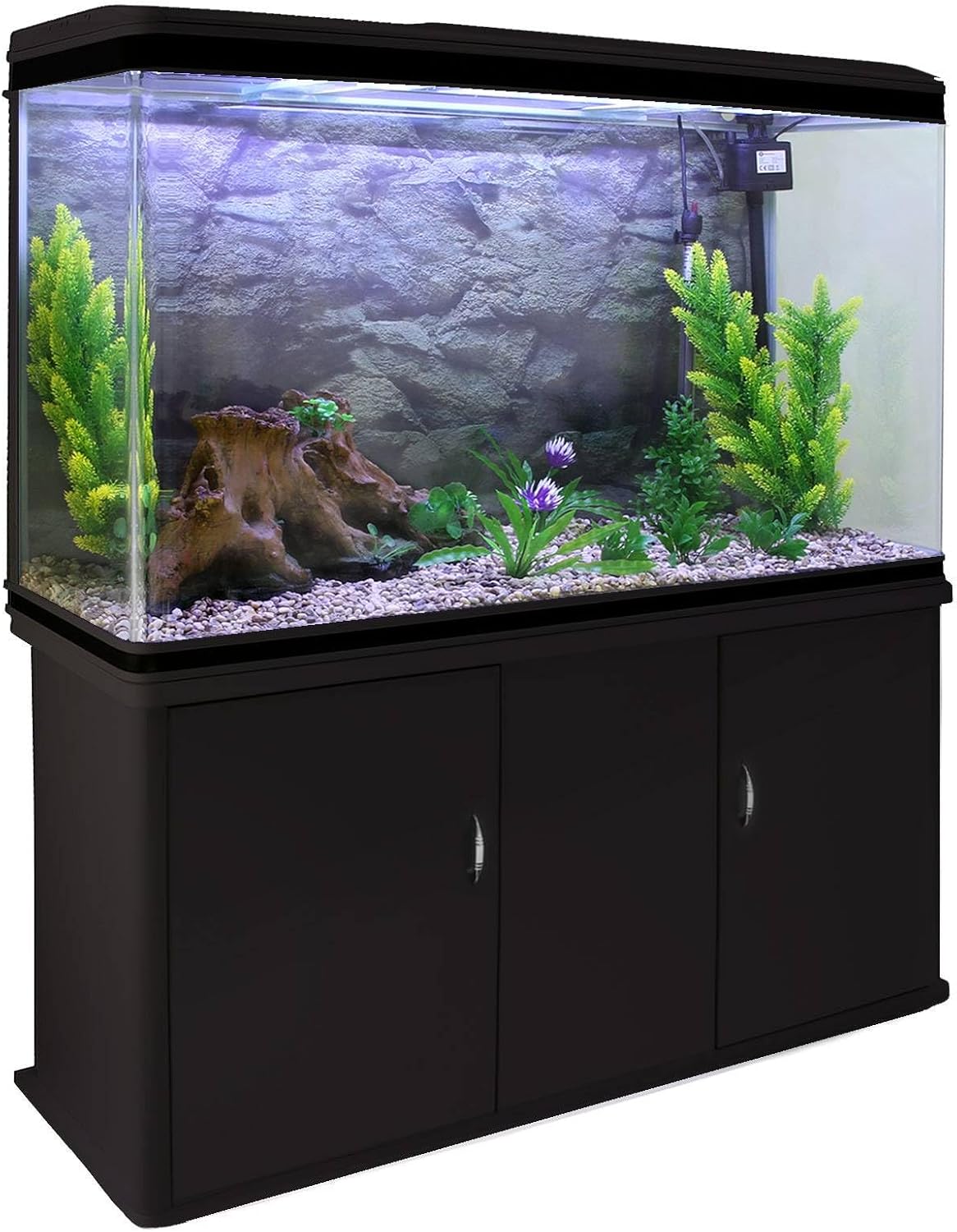 MonsterShop – Aquarium à Bords Noir 300 litres, Kit Accessoires Démarrage, Plantes, Graviers Naturel, Meuble Noir d’Une Dimension Totale de 143,5 cm de Haut x 120,5 cm de Large x 39 cm de Profondeur