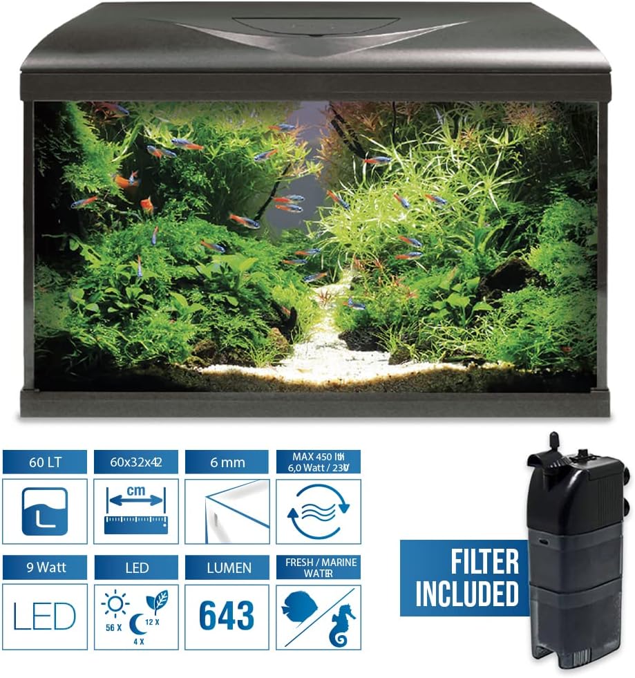 Acquario System Tank V2 - Aquarium en Verre Complet des 60 L, Lumière LED des 9 W et Pompe des Filtration Incluses, Eau Douce Ou Salée, Noir, 60 x 32 x 42 cm Noir 60 L