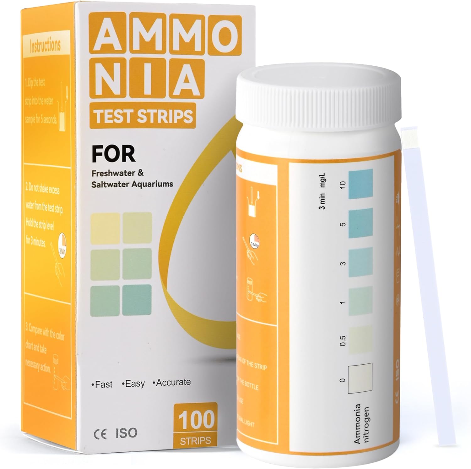 Bandelettes de Test d'Ammoniac pour Aquarium, Kit de Test d'eau pour Aquarium d'eau Douce 100