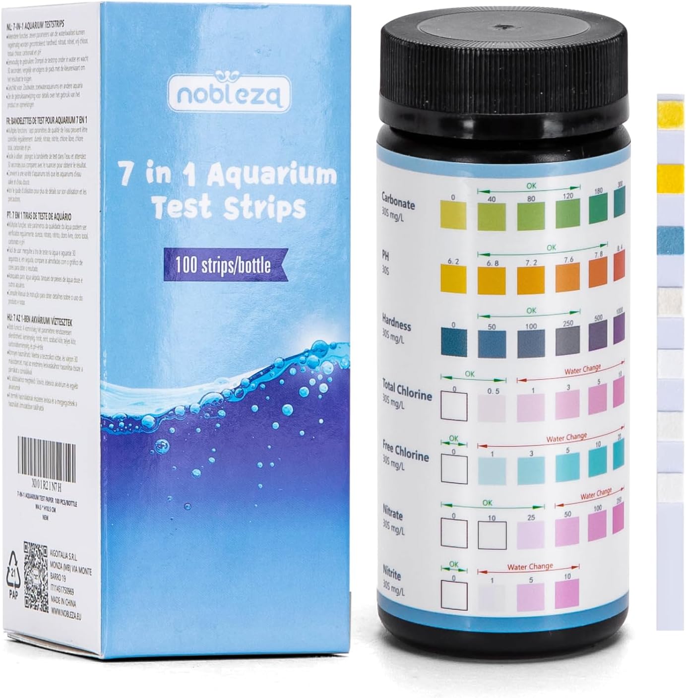 Bandelettes de Test d'eau 7 en 1, Bandelettes d'eau pour Aquariophilie, Bandelettes Kit de Test pour Dureté, Nitrate, Nitrite, Chlore Libre, Chlorinité Totale, Carbonate, pH (100 pièces)