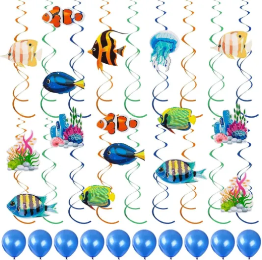 UDNFHL 1 Ensemble D'Ornements en Spirale De Poisson Tropical Et 10 Morceaux De Ballons Bleus, Fournitures De Fête sur Le Thème Marin, Décorations De Fête, Décorations Créatives.