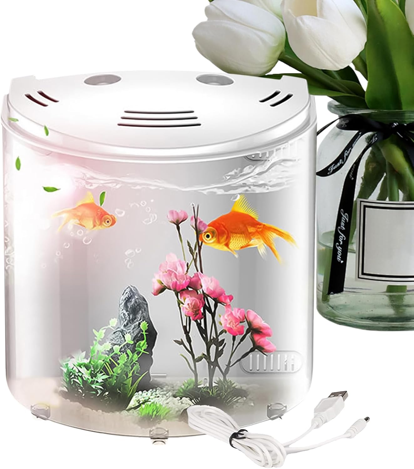 Tuxxjzm Aquarium en Acrylique, Aquarium de Bureau - Petit Aquarium avec Filtre et lumière - Bol à Poisson Transparent, Pompe à Eau Incluse, récipient Transparent pour Aquarium, singes de mer, Blanc