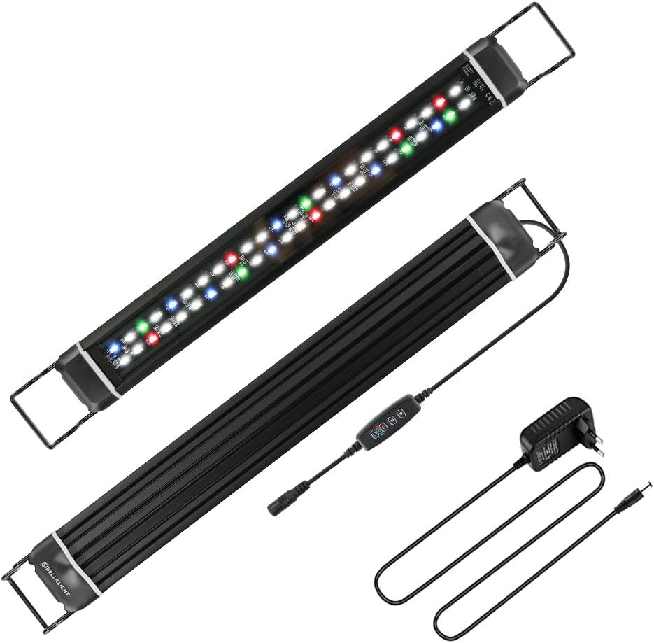 LED Minuterie Lampe d'aquarium, Rampe LED Aquarium RGBW Lumière avec Gradateur intégré, Dimmable 10 niveaux de luminosité IP66 étanche Éclairage pour Aquariophilie 46-65cm, Minuterie et Dimmer