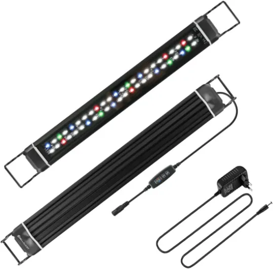 LED Minuterie Lampe d'aquarium, Rampe LED Aquarium RGBW Lumière avec Gradateur intégré, Dimmable 10 niveaux de luminosité IP66 étanche Éclairage pour Aquariophilie 46-65cm, Minuterie et Dimmer