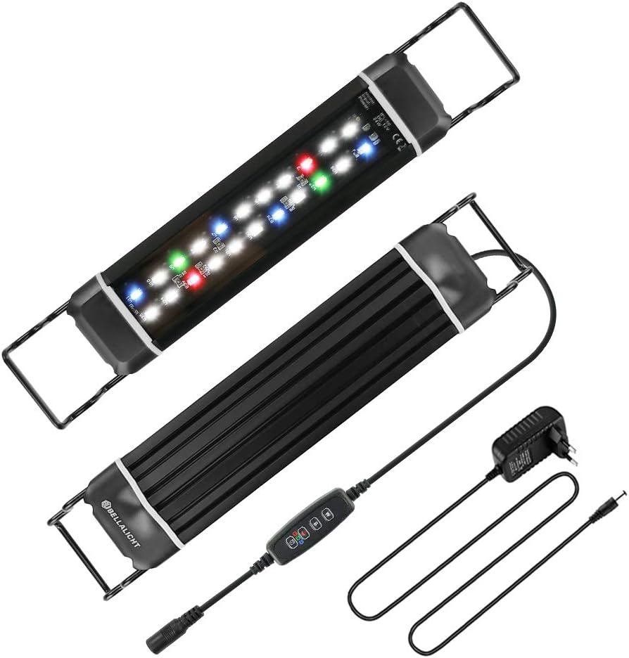 LED Minuterie Lampe d'aquarium, Rampe LED Aquarium RGBW Lumière avec Gradateur intégré, Dimmable 10 niveaux de luminosité IP66 étanche Éclairage pour Aquariophilie 28-46cm, Minuterie et Dimmer