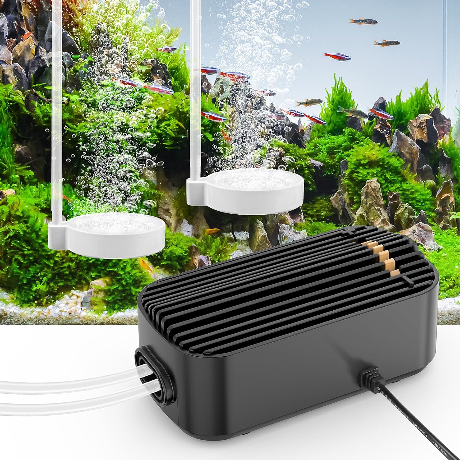 Bulleur Aquarium 5W Silencieuse, Nano Silent Mini Pompe à Air Aquarium avec 2 Sorties, Débit Réglable, Pompe à Oxygène Puissante avec Clapet Anti-Retour pour Poissons et Crevettes, <40 DB