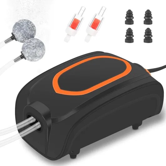 Pompe à Air Aquarium, 4W Puissante Double Sortie Bulleur Aquarium,Réglable Bulleur Ultra-silencieuse <45 DB avec 2 clapet Anti-Retour, 2×3 L/H Pompe à Oxygène pour Réservoir 50-200L