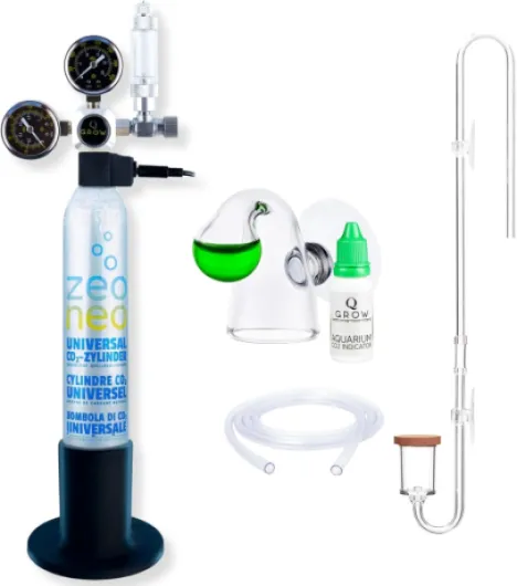 Q-Grow Système de CO2 d'aquarium complet – Simple et universel – Avec diffuseur transparent, test de durée, réducteur de pression, bouteille de CO2 425 g, jusqu'à 1000 l