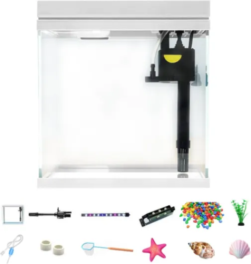 Aquarium Complet, 30 * 20 * 30 cm Mini Boîte Écologique 15L avec Tube LED Tricolore Pompe à Eau Silencieuse Système de Filtration Et Circulation d'eau Kit de Démarrage pour Aquarium pour Décoration