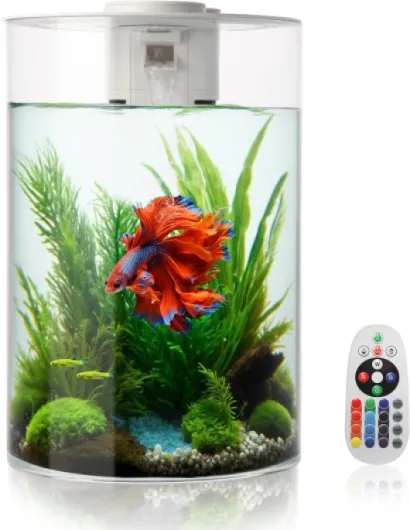 Aquarium, Petit Aquarium 11L/3 gallons avec Filtre et éclairage LED (17 Couleurs au Choix), 360° Fish Tank pour Petits Poissons et Poissons Betta, la Maison, Le Bureau et Les Cadeaux