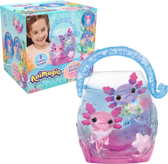 ANIMAGIC - Let's Glo Axolotl Pack Bubble Reef :1 Aquarium Interactif + 2 Axolotls Rose & Violet - Compagnons Électroniques & Lumineux - Flotte & Brille - Jeu Sensoriel Tactile pour Enfants dès 4 Ans