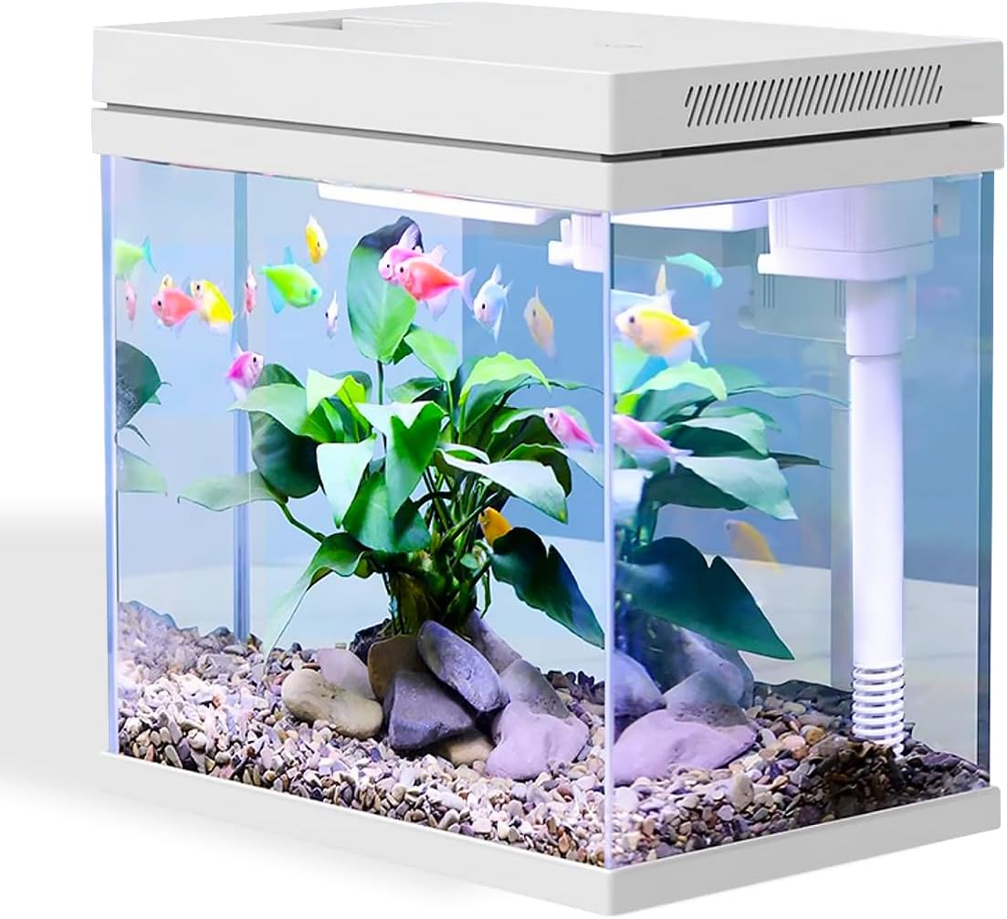 Aquarium en verre nano de 10 L, système de filtration amélioré et lumière LED, pour eau douce et marine, boules filtrantes incluses (blanc, 10 l) 10L blanc