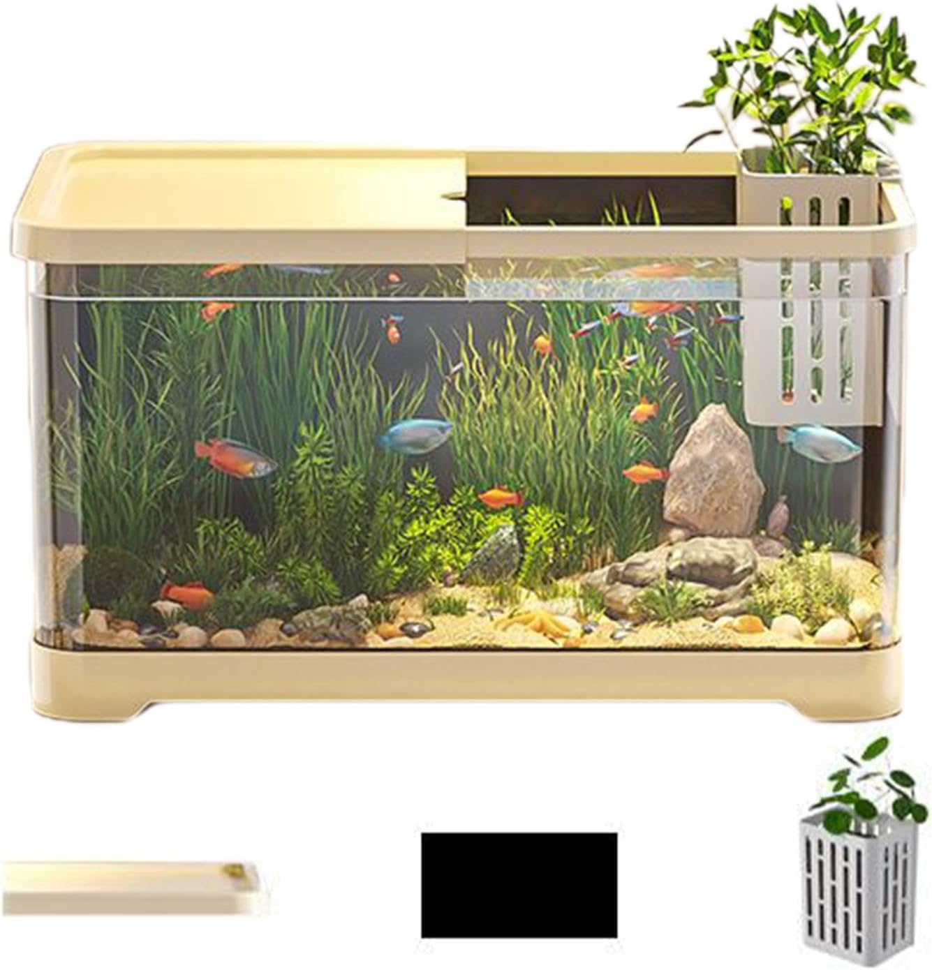 Aquarium de Poissons Rouges - Kit de Démarrage Polyvalent avec Panier, Ensemble Décoratif d'Eau Salée pour Méduses et Guppy Yellow