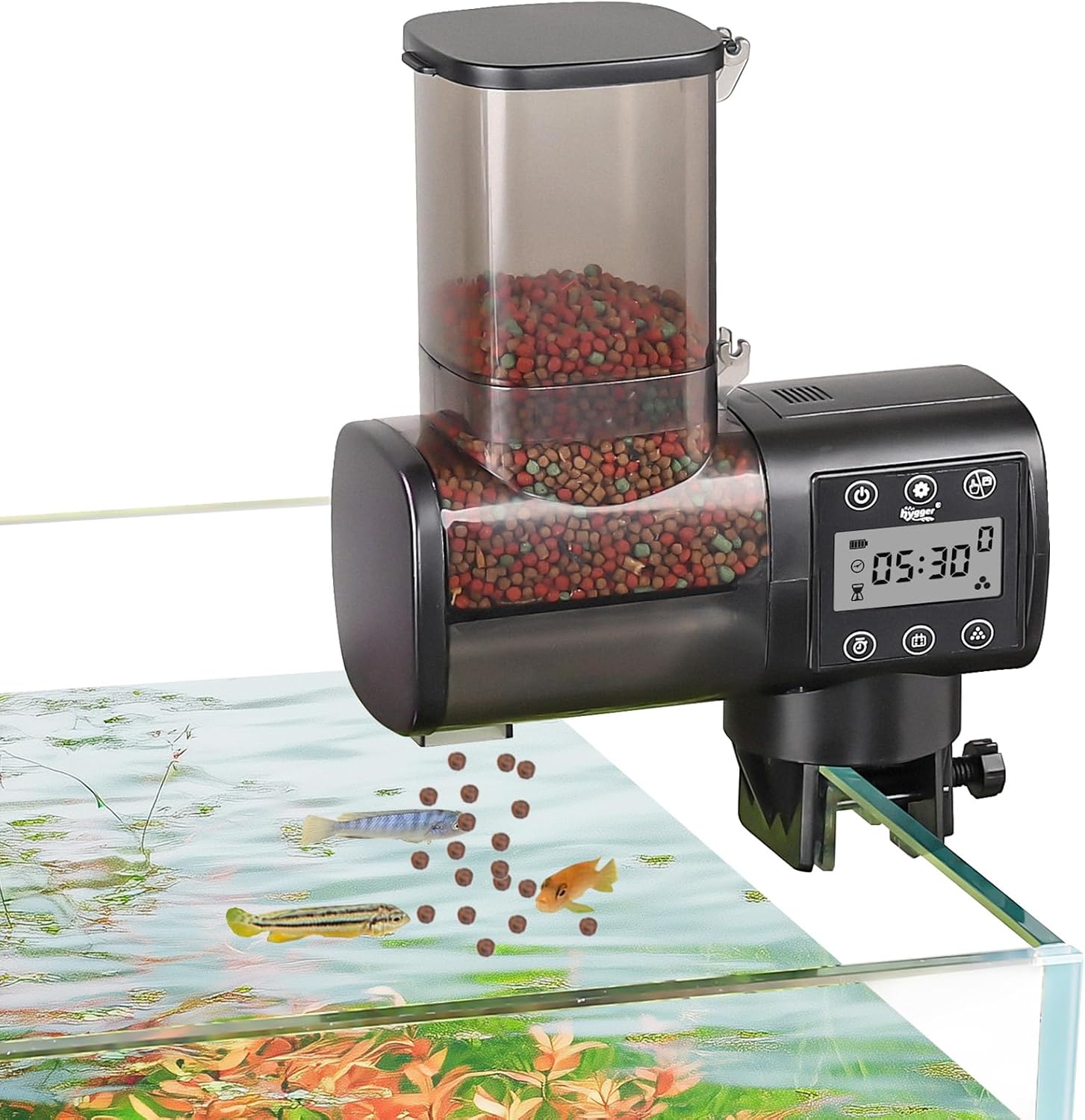 Hygger Distributeur Automatique Poisson,500ml Mangeoire Automatique Aquarium avec LCD Contrôleur Display Koi Fish Feeder for Weekend Holiday(Battery Not Included)