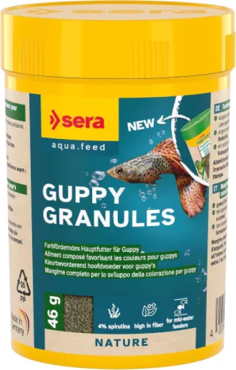 Sera Guppy Granules 100 ML (46 g) - Aliment Composé Digeste pour Guppys et Poeciliidés sans Colorants ni Conservateurs - Granulés Nutritifs avec Spiruline et Minéraux Naturels